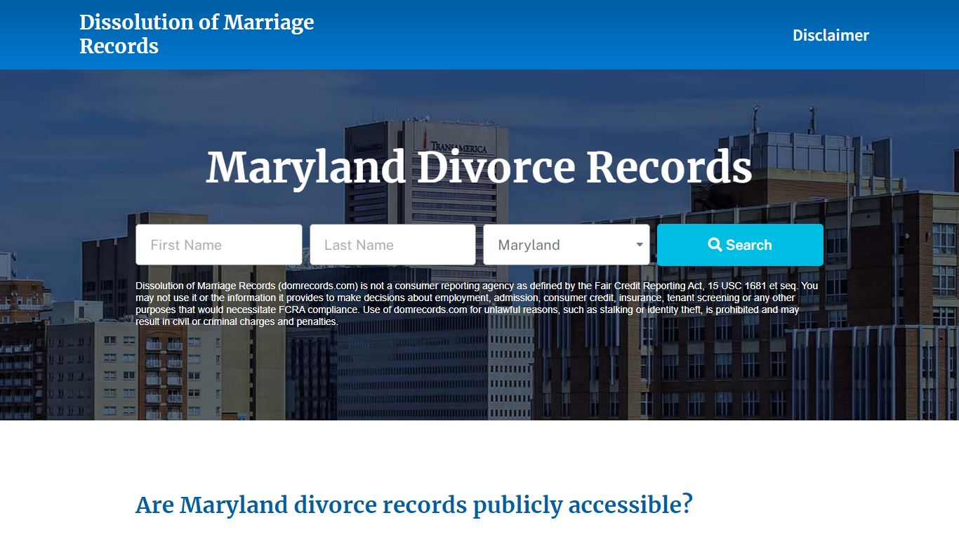 Maryland Divorce Records - Dissolution of Marriage Records